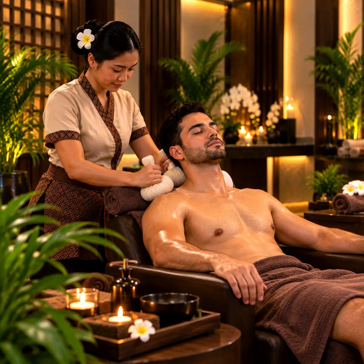 Thai massage room in Abu Dhabi with herbal compress and padded mat