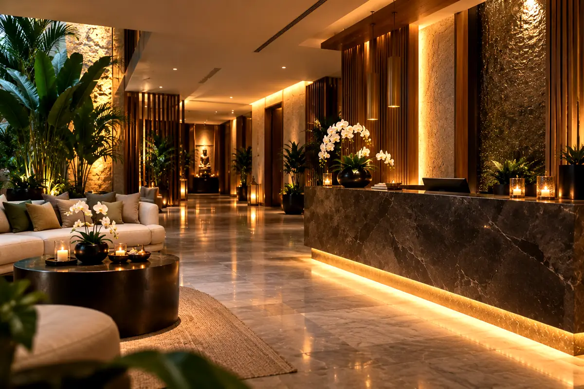 Spa near me in Abu Dhabi, relaxation lounge with warm lighting