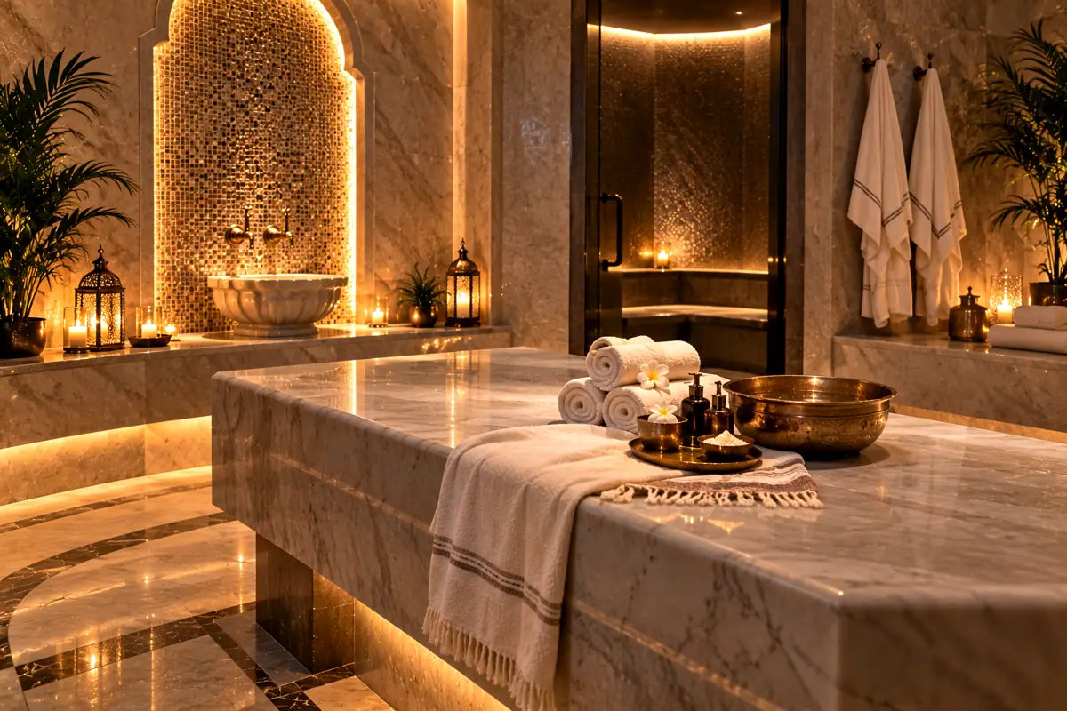 Private hammam suite for the Moroccan bath in Abu Dhabi with marble bench